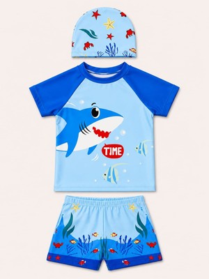My Kids Wear Erkek Çocuk Dinozor Desenli Deniz Şortu Takımı – 3 Parça Mayo Seti 12757
