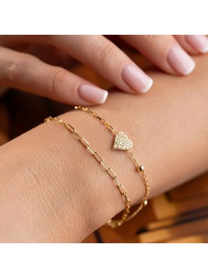 Inure Jewelry Gümüş Kalp Detaylı Zincir Kadın Bileklik