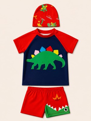 My Kids Wear Erkek Çocuk Dinozor Desenli Deniz Şortu Takımı – 3 Parça Mayo Seti 12757