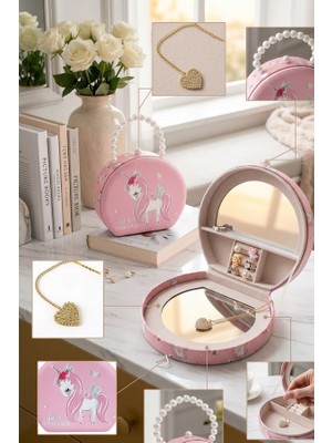 Zurafa Shop Pembe Unicorn Figürlü Inci Detaylı Çanta Takı Kutusu Aynalı Çocuk Organizeri