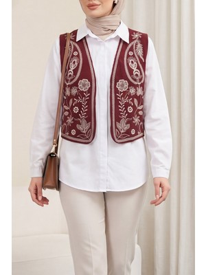 Moda Morfo Nakışlı Fitilli Kadife Yelek -Bordo