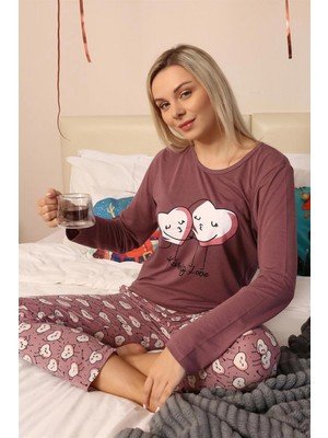 MiraLive Miray- Kadın Penye Uzun Kol Pijama Takım Mürdüm