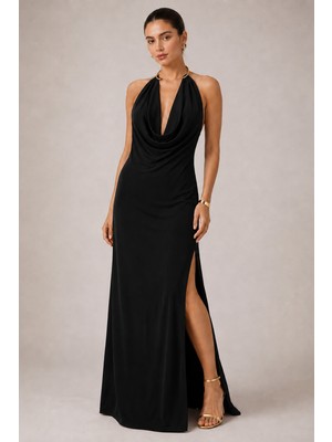 Rosa By Belle Kadın Halter Yaka Yırtmaçlı Uzun Elbise 7785