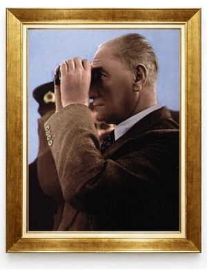 Tablore  Kocatepe Atatürk Tablo - Dürbünlü Atatürk Kanvas Tablo - Altın Çerçeveli Tarihi Dekoratif Resim