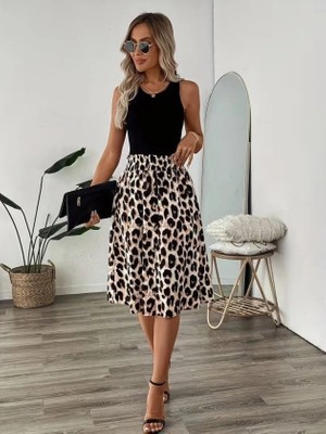 Defy Moda Kadın Askılı Yuvarlak Yakalı Viskon Bluz ve Leopar Desenli Önü Düğmeli Midi Etek Ikili Takım