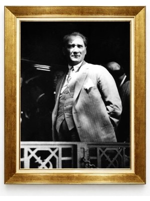 Tablore Atatürk Siyah Beyaz Fotoğraf Tablo Retro Altın Çerçeve Ofis ve Ev Dekoru