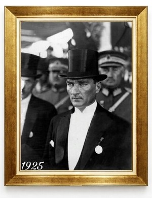 Tablore Atatürk  Silindir Şapkalı Siyah Beyaz Fotoğraf Altın Çerçeveli Tablo