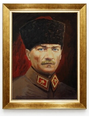 Tablore Atatürk Tablo Kalpaklı Portre Yağlı Boya Görünümlü Altın Çerçeveli Kanvas Tablo