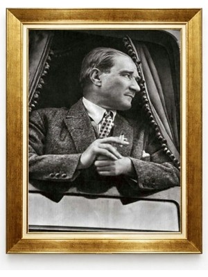 Tablore Atatürk Tren Penceresi Nostaljik Kanvas Tablo - Altın Çerçeveli Siyah Beyaz Atatürk Portresi