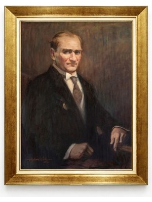 Tablore Karakalem ve Yağlı Boya Harmanı Atatürk Portresi - Estetik Gold Çerçeve Tablo
