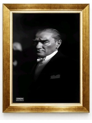 Tablore Siyah Beyaz Atatürk Tablosu Modern Karizmatik Portre Gold Çerçeveli Kanvas