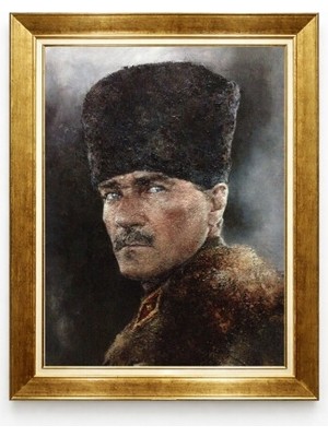 Tablore Mustafa Kemal Atatürk Kalpaklı Portre Tablo - Altın Çerçeveli Yağlı Boya Efektli Kanvas Tablo