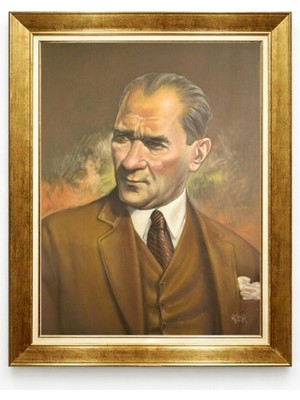 Tablore Atatürk Yağlı Boya Görünümlü Portre Tablo - Kahverengi Takımlı Altın Çerçeveli Kanvas