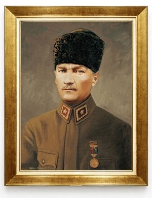 Tablore Kalpaklı Atatürk Portresi Altın Varaklı Çerçeveli Tablo - Yağlı Boya Görünümlü