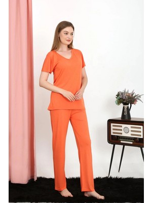 MiraLive Miray- Kadın Kısa Kol Pamuk Penye Pijama Takım Turuncu