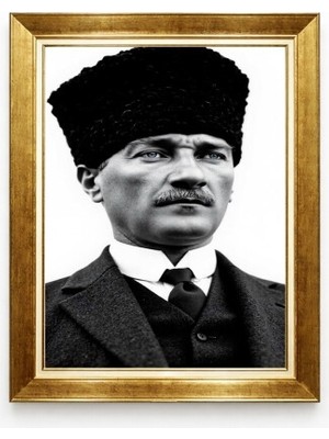 Tablore Atatürk Kalpaklı Siyah Beyaz Tablo - Varaklı Altın Çerçeve Milli Mücadele Serisi