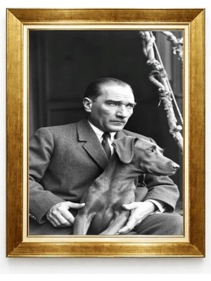 Tablore Nostaljik Siyah Beyaz Atatürk ve Köpeği Foks Tablosu