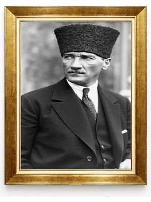 Tablore Atatürk Tablo Kalpaklı Siyah Beyaz Fotoğraf Klasik Altın Çerçeveli Dekoratif Tablo