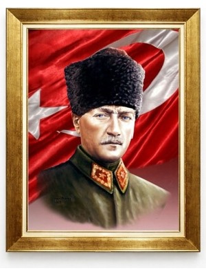 Tablore Kalpaklı Atatürk ve Türk Bayrağı Temalı Kanvas Tablo - Milli Mücadele Ruhu Atatürk Tablosu