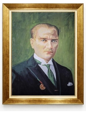 Tablore Atatürk Yeşil Fonlu Yağlı Boya Kanvas Tablo - Lüks Altın Çerçeveli Duvar Dekoru