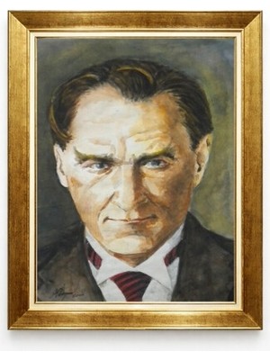 Tablore Atatürk Portre Modern Sanat Suluboya Desenli Çerçeveli Tablo - Sanatsal Atatürk Tablosu