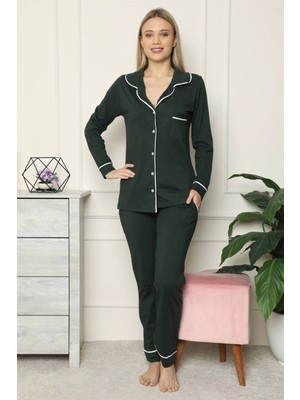 MiraLive Miray- Kadın %100 Pamuk Penye Önden Düğmeli Uzun Kol Pijama Takım Yeşil