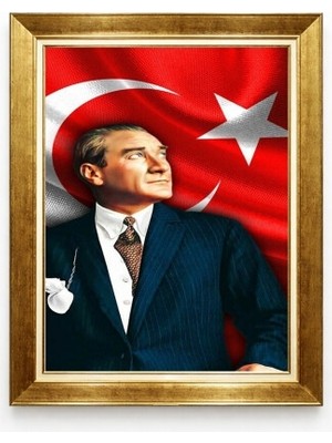 Tablore Sanat Ay Yıldız Al Bayrak Fonlu Atatürk Portresi - Gold Çerçeveli Kanvas Tablo