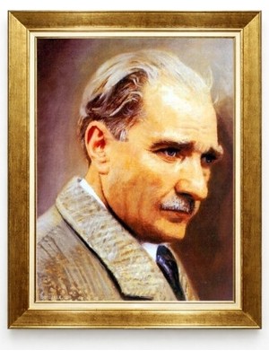Tablore Atatürk Sanatsal Kanvas Tablo Gold Çerçeve - Suluboya Efektli Portre Duvar Dekoru