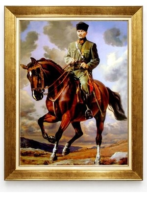 Tablore At Üstünde Atatürk Tablosu - Şaha Kalkmış At Figürlü Altın Çerçeveli Kanvas Duvar Dekoru