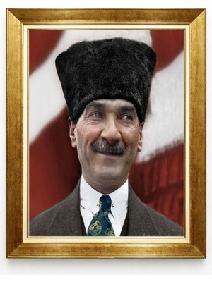 Tablore Atatürk Portresi Lüks Gold Çerçeveli Tablo - Kalpaklı Özel Renklendirme Yağlı Boya Görünümlü Kanvas