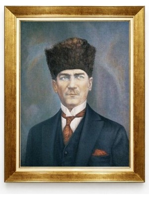 Tablore Kalpaklı Atatürk Tablosu Altın Çerçeveli - Yağlı Boya Görünümlü Atatürk Portresi Duvar Dekoru