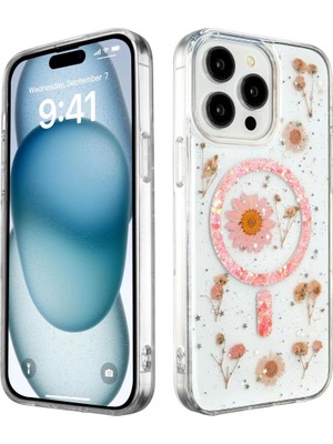 sbodurhome Apple Iphone 15 Pro Kılıf Daisy Simli Magsafe Kapak - Pembe