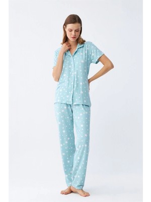 MiraLive Miray- Kadın Buz Mavisi Yıldız Desenli Önden Düğmeli Pijama Takımı
