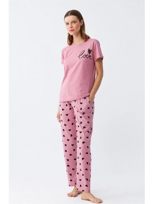 MiraLive Miray- Kadın Somon Kalp Desenli Kısa Kollu Penye Pijama Takımı