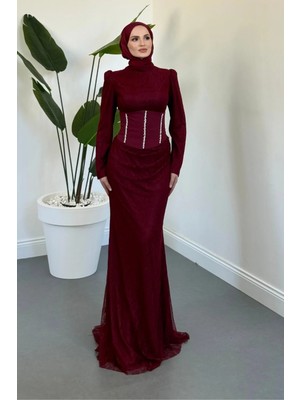 Merven Akyüz Calyra Seyyar Korseli Dantel Balık Abiye Bordo