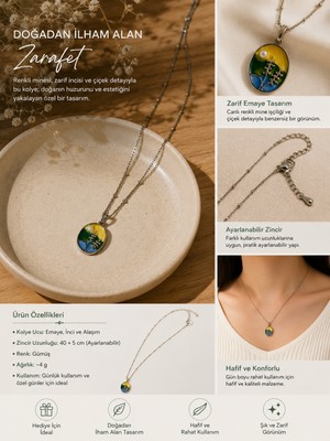 Kase Jewelry, Çelik ve gümüş renkli , canlı renkli mine işçiliği, çiçek ve inci detaylı kolye, kararma yapmaz