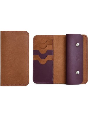 Oh Deer Leather Hakiki Deri Büyük Cüzdan – Çok Kart Bölmeli & Nakit Para Gözlü- Taba & Mor