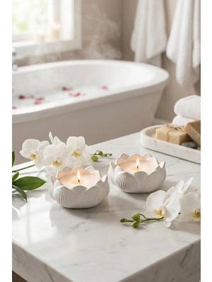 N Noxxo Ikili Beton Lotus Mumluk Seti - Minimalist Meditasyon ve Spa Dekoratif Şamdan - Mat Beyaz