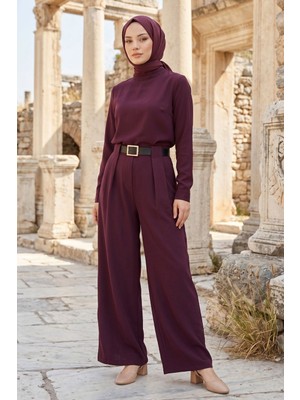 Modestim Kadın Bordo Pileli Kemer Detaylı Geniş Paça Rahat Kalıp Tren Şık Pantolon