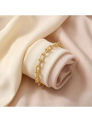 Lorivelle Tiffany Model U Link Zincir Çelik Bileklik - Gold Renk Hardwear Tarzı Modern Tasarım