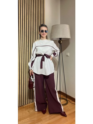 Cardella Lavin Premium Tnsl Kumaş Şerit Detaylı Kuşaklı Takım - Tesettür Uyumlu Pantolonlu Takım
