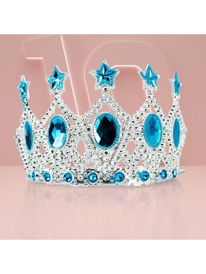 Nuveden Çocuk Kraliçe Tacı - Mavi Yıldız Işlemeli Prenses Tacı 15X7 cm (4887) NVDN-GOITLT34