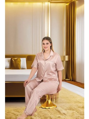 Marsilyan- Büyük Beden Şık Tasarım Vizon Çizgili Düğmeli Kısa Kol Lüx Saten Pijama Takımı