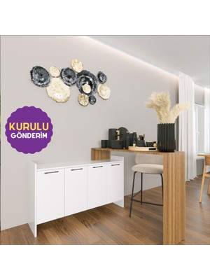 HOMECONOM Balisa-L Çok Amaçlı Hareketli Bankolu Dolap 120 cm Parlak Beyaz & Mat Ceviz Mdf Lam