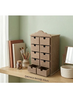 Sekay Ahşap Ahşap Boyanabilir 10 Çekmeceli Dekoratif Organizer Kutu 15x21x29 cm Estetik ve Fonksiyonel