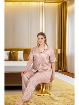 Marsilyan-  Büyük Beden Şık Tasarım Vizon Çizgili Düğmeli Kısa Kol Lüx Saten Pijama Takımı