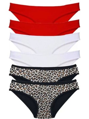 Marsilyan 6 Adet Likralı Kadın Slip Külot Leopar Kırmızı Beyaz