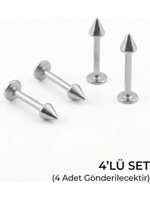 Lorivelle 4'lü Kararmaz Çelik Koni Uçlu Labret Piercing Seti Tragus Helix Dudak Burun Conch Kıkırdak Küpesi