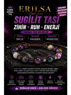 Erilsa Sertifikalı Sugilit Taşı Doğal Taş Bileklik 8 mm Ayarlanabilir Unisex Hasır Model