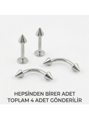 Lorivelle 4'lü Kararmaz Cerrahi Çelik Koni Uçlu Piercing Seti Kaş Göbek Tragus Helix Dudak Rook Kıkırdak Küpe